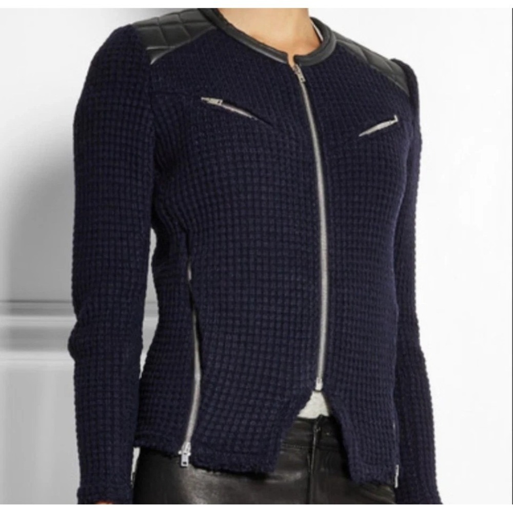 IRO Ceylon Waffle Knit Moto Jacket in Navy Wool Blend Lamb Leather‎ Trim 40 (8)